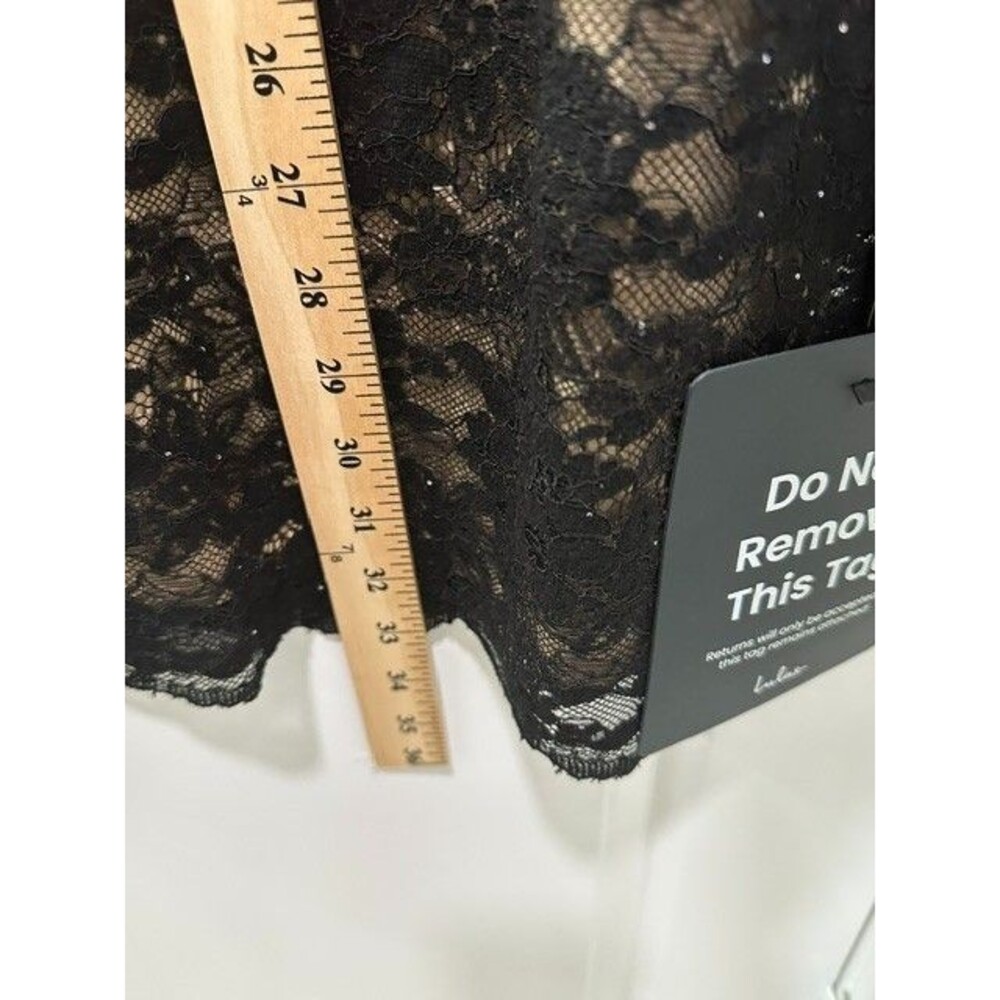 NWT Lulus Black Lace Sequin Bodycon Mini Dress Nude Lined Long Sleeve Plunge - Picture 11 of 12